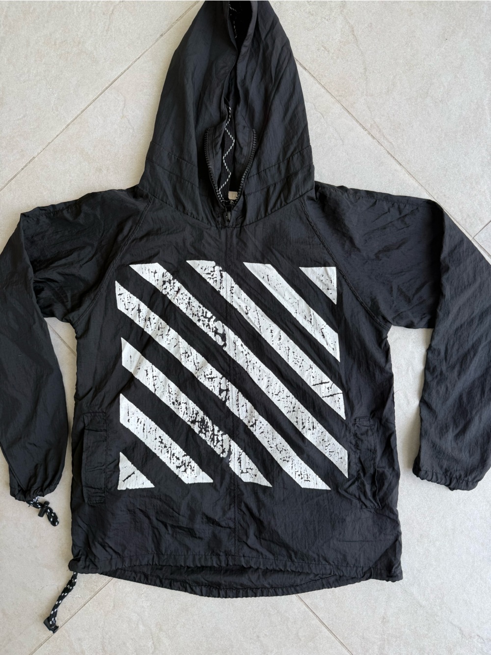 Off-White Black Hooded Windbreaker with White Diagonal Graphic